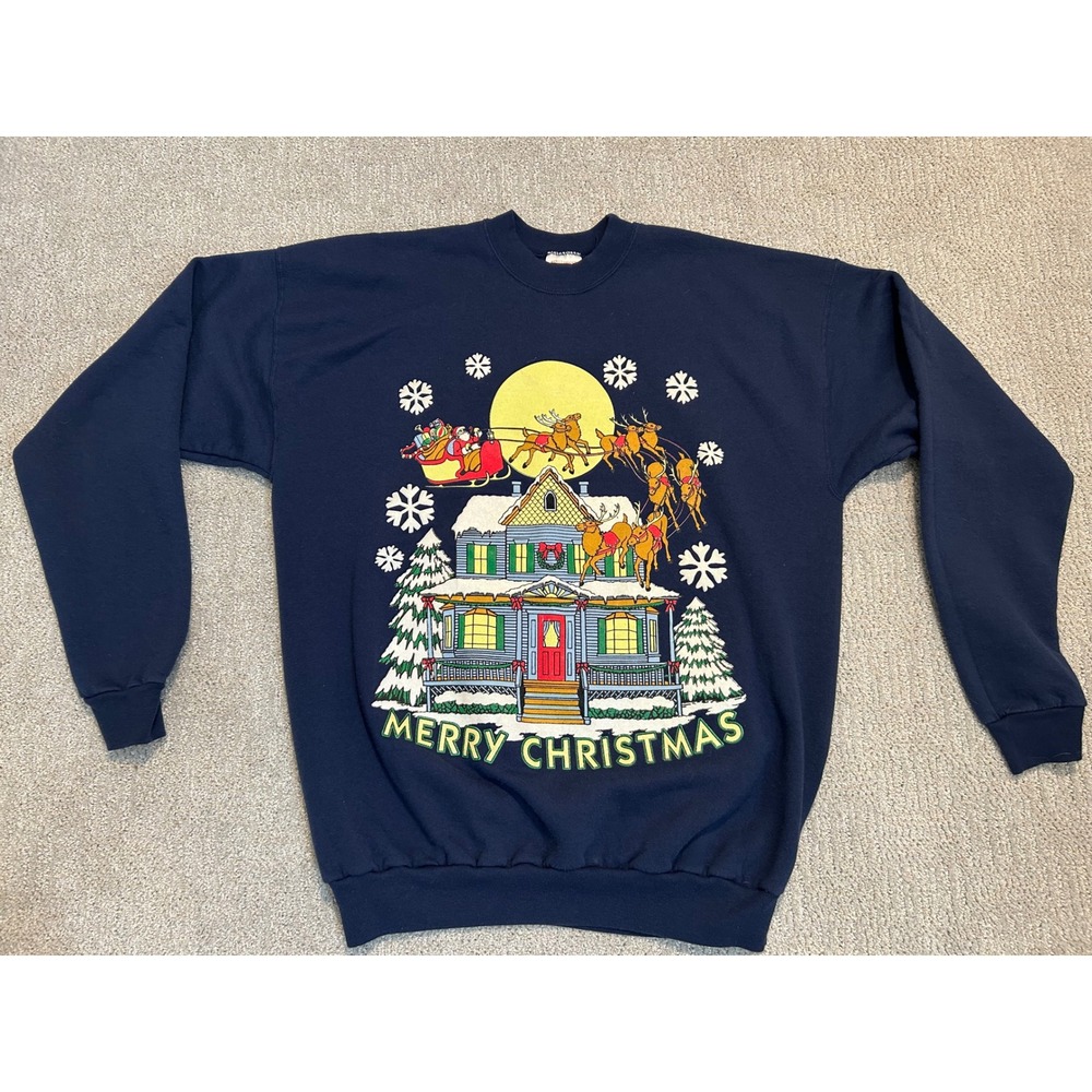 Vintage Merry Christmas Santa Claus Reindeer House Navy Blue Sweatshirt Adult XL